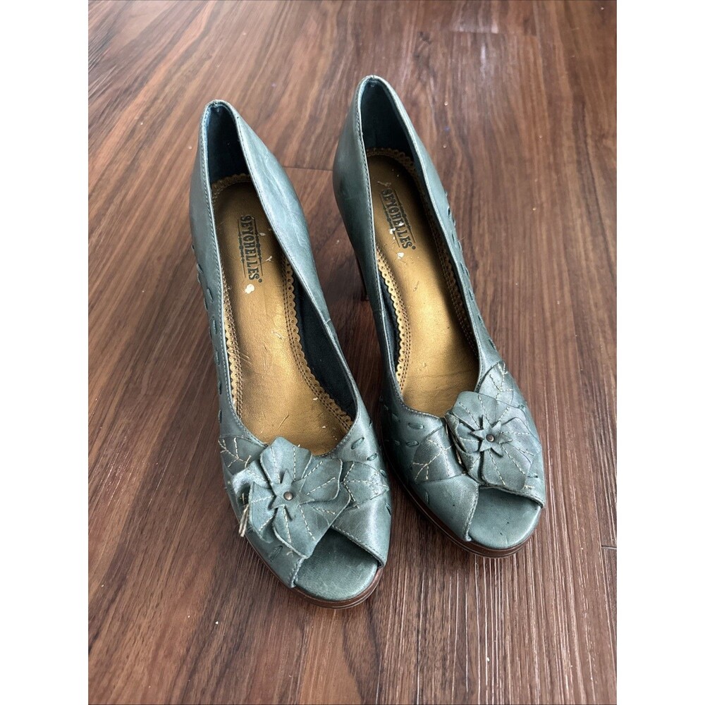 Seychelles Women's Green Memory Lane Size 9 Peep Toe Flower Retro Block Heel